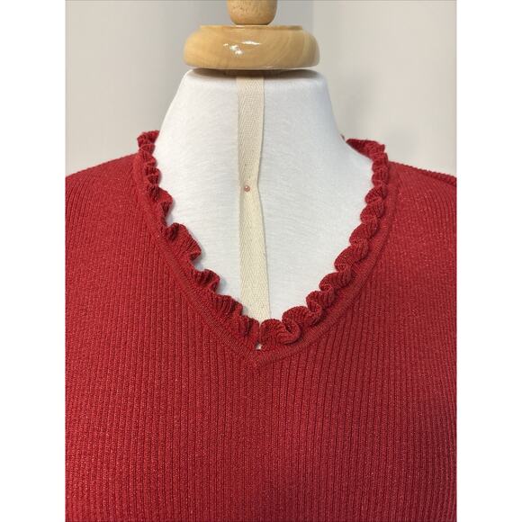 Y2K Vintage Liz Claiborne Red Shimmer Ruffle Trim Holiday Sweater L - Picture 3 of 13